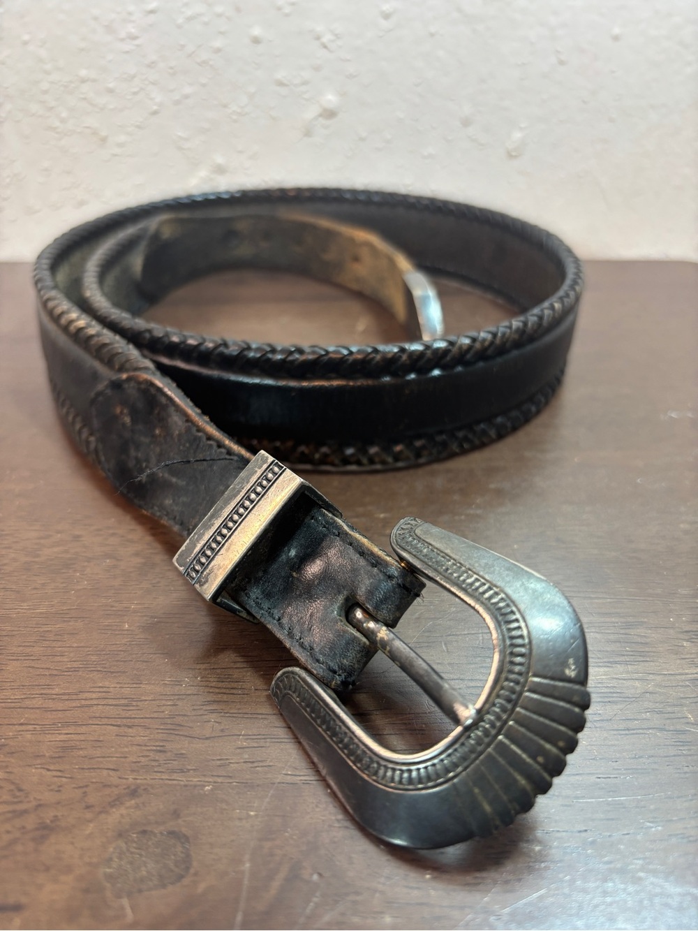 Men's Black Leather Braided Edge Belt with Decorative Silver Buckle